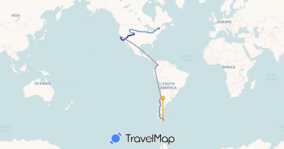 TravelMap itinerary: driving, plane, cycling, boat, hitchhiking in Argentina, Canada, Chile, Colombia, United States (North America, South America)